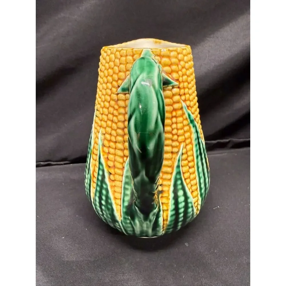 Vintage corn & husk pitcher ceramic majolica style portugal 8 inch yellow green